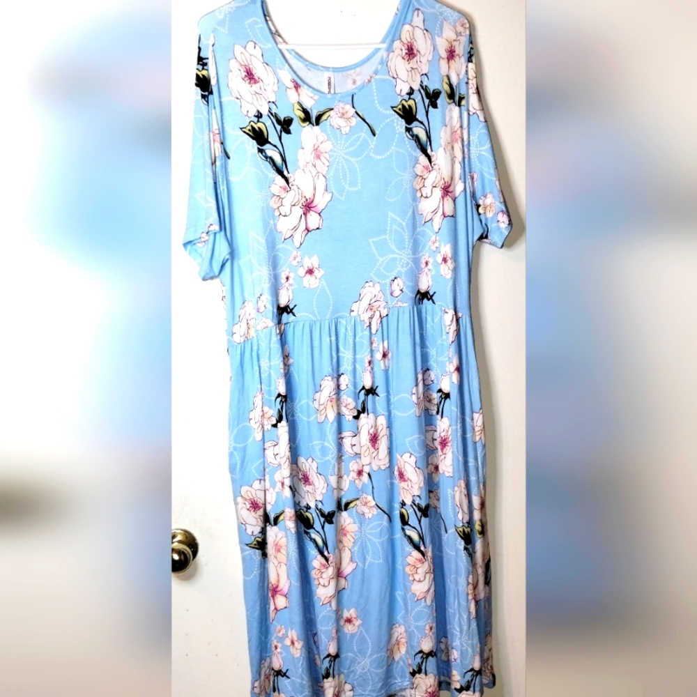 ⭐Blue and White Floral Dress Midi with Pockets